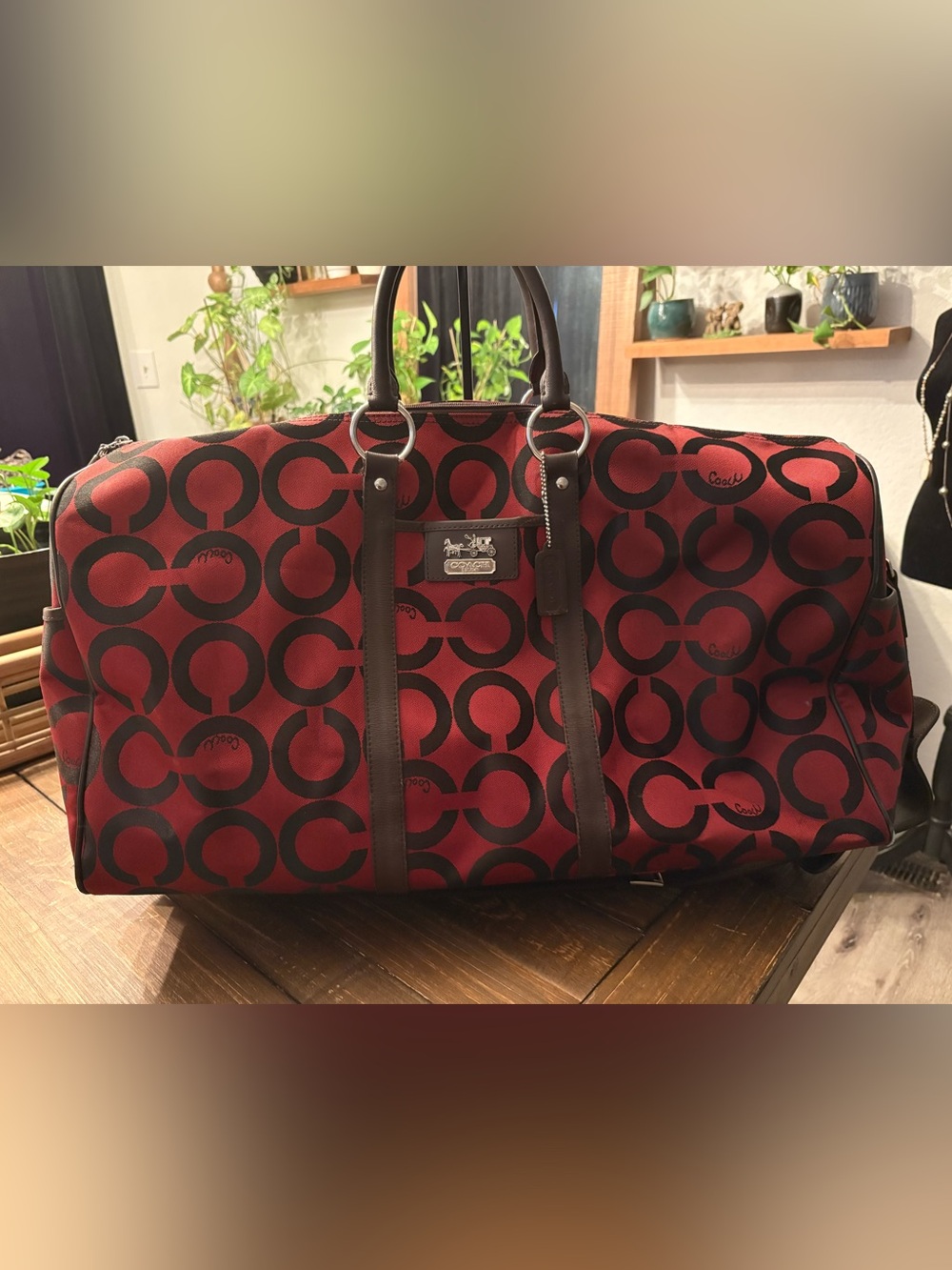 Coach Op Art Weekender Duffel Travel Bag Red Burgundy Brown Canvas F20124